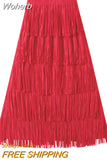 Women Tassel Splicing Pleated Skirt Elegant Elastic Waist All Match A-line Long Skirt For Spring Summer QT2140-Outfit