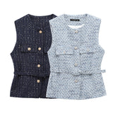 Spring New Women's Wear With Belt Metallic Wire Texture Vest Women