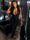 Kliou Baddie Style Jumpsuit Women Charming Sexy Middle Ribbons Cleavage One Pieces Sheath Sleeveless Halter Lace Up Clubwear