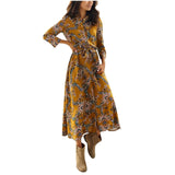 Women Boho Maxi Dress Polka Dot Long Sleeve Printing Casual Vintage Party Dresses Sashes Turn Down Beach Dresses
