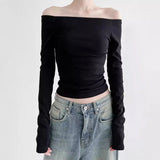 Woherb Wind Foundation Simple Solid Color One Word Collar Off-Shoulder Bottom T-Shirt 2023 New Temperament Age Reduction Slim Jacket-Outfit