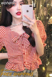 Plaid Summer Shirts Women Crop Tops Mujer Harajuku Sweet Cute Korean Style Retro Temperament Girlish Clothes Y2k Students-Outfit