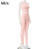 Kliou High Street Two Piece Set Women Scratching Shape Mesh Sleeveless Short Top+Sexy Sheath Slim High Waist Female
