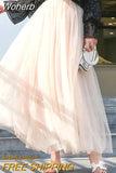 Elastic Waist 3 Layers Mesh Long Tulle Skirt Spring Autumn Elegant Vintage High Waist Ball Gown Gauze Tutu Skirt QT2001-Outfit