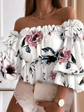 Women Off Shoulder Ruffled Trim shirring Shirt Female Top Summer Casual Long Sleeve Colorful Tighten Waist Blouse