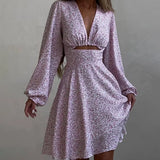 Woherb Women's Wear 2023 Summer New Fashion Long-Sleeved V-Neck Careful Machine Dress Print Show Thin French Skirt-Outfit