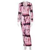 hirigin Tie Dye Stripe Print Sexy Maxi Dress Women Autumn Fashion Vestidos Night Club Party Long Sleeve Bodycon