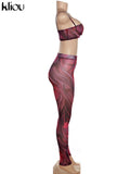 Kliou Mesh Printing Two Piece Set Women Sexy Cut Out Cleavage Camisole+Mid Waist Color Blocking Pants High Streetwear Lady