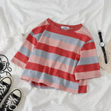 Women Sets Colorful Striped T-shirt Simple Elastic-waist Wild-leg Loose Long Trousers Student Korean Style Casual Comfortable-Outfit