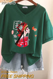 100% Cotton M-6XL T Shirt Print Tshirt Short Sleeve Women's Top Summer Chinese Style Couple V Neck Oversized T Shirts-Outfit