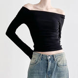 Woherb One Word Shoulder Sexy Off The Shoulder Slim Long-Sleeved T-Shirt Slim Hot Girl Pure Color Short