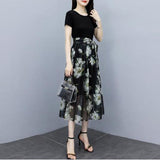 Summer Oversized Fake Two Pieces Patchwork A-line Dress Women Short Sleeve Casual Fashion Robe Floral Print Long Dresses-Outfit