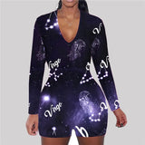 hirigin Zodiac Signs Bodysuit Sexy Women Long Sleeve Bodycon Pajama Romper Women Shorts Leotard Playsuit Overalls