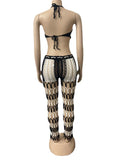 Block Knit Rib 2 Piece Set Summer Beach Wear Sexy Crochet Fishnet Lace Up Bra Crop Top + Pants Club Oufits Tracksuit Women-Outfit