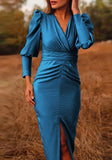 Elegant V Neck Puffed Long Sleeve Slit Midi