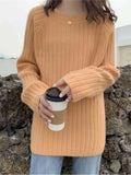 Winter Korean Fashion Long-sleeved Tops Solid Colorsweater Women Oversized Sweater O-Neck Soft Women's Knit Pullovers-Outfit