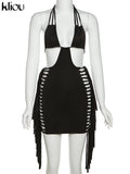 Kliou Tassel Hollow Out Mini Dress Women Sexy Halter Sleeveless Cleavage Backless Lace Up Sheath Skirt Party Clubwear Lady