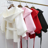 Women Woolen Coat Solid Color Hooded Waist Strap Female