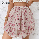 Pink Cotton High Waist Mini Skirt Casual Ruffled A-line Women Short Skirt Solid Summer Cotton Rmbroidered Female