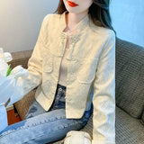 Woherb Texture Short Coat Female Spring And Autumn 2024 New Hot Style National Wind Plate Buckle Long Sleeve Jacket Autumn Women's Wear-Outfit