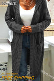 Women Sweater Mid-Length Women'S Overcoat Cardigan Solid Color Hooded Twisted Knitted Open Loose Sweaters-Outfit