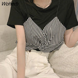 Sleeve T-Shirts Women Patchwork Summer Hot Tops Baggy All-match Simple Daily Sweet Girls Fresh Preppy Style Vintage Chic-Outfit