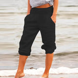 Size Casual Women Capri Pants Casual Pockets Solid Color High Waist Loose 3/4 Trousers Daily Life Woman