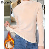 Warm Basic Soft Velvet T-shirts Women Fall Winter Turtleneck Jumper Velvet Lined Tops Casual Long Sleeve Slim Velour Tee-Outfit