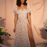Vintage Floral Dress Women Summer Square Collar Puff Sleeve Long Dress Sexy Off Shoulder Side Split A-line Dress