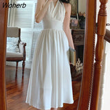 Elegant Halter Dress Women Sexy Backless Korean Party Midi Dress Female Sleeveless V-neck Vintage Dresses for Women 2021-Outfit