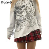Women Loose Graphic Skull Print Print Pullover Punk T-shirts Vintage Round Neck Y2k Grunge Long Sleeve Top Streetwear-Outfit