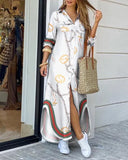 Autumn Elegant Button Sexy V Neck Women's Midi Shirt Dress Summer Chain Print Party Maxi Beach Ladies Long Dress