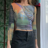 Graphic Print Green Mesh Sheer T-shirt Long Flare Sleeve Slim Crop Tops Sexy See Trough Women Tops Y2K Vintage