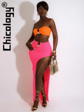 2022 Women 2 Pieces Strapless Sexy Set Skinny Silt Color Contrast Y2K Outfit Outfits Sexy Party Club Vacation Summer-Outfit