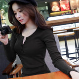 Woherb 2024 Buttons And Thread Solid Color Long Sleeve T-Shirt Women's Slim Korean New Top Bottom Shirt Outside The