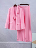Women Elegant Pink Pocket 2 Piece Set Fashion Single Breasted Long Sleeve Coat High Waist Pants Suits Chic High Street Outfits-Outfit
