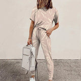 Casual Tie-dye Print 2 Piece Set O Neck Short Sleeve Tops And Drawstring Lace Up Long Pant Summer Sport Loose Female