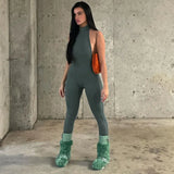 Kliou Solid Halter Jumpsuit Women Sexy Mock Neck Sleeveless Backless Body-Shaping One Piece Jurk High Street Female
