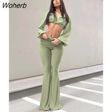 Green High Waist Woman Flare Pants Vintage Full Length Elastic Flared Trousers For Women Fashion Women Clothing Streetwear-Outfit