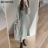 Elegant Stand Collar Flare Sleeve Women A-line Dress Chiffon Midi Dress Female Elastic Waist Pleated Vestidos 2020-Outfit