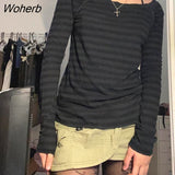 Autumn y2k Aesthetic Off Shoulder Long Sleeve T-shirts Women Striped Print Fairy Grunge Slim T-shirts Streetwear Clothes-Outfit
