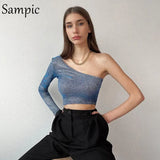 Sexy Women Long Sleeve One Shoulder Skinny Cropped T Shirt Tops Casual Party Glitter Sparkle Basic Tees Fashion