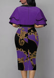 Printed Vintage Bow Short Sleeves Cascading Ruffle Pencil Midi
