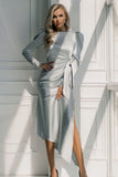 Long Sleeve Round Neck Puff Sleeve Tied Slim Midi