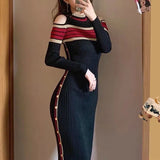 Winter Striped Patchwork Off Shoulder Elegant Fashion Knitting Bodycon Dresses Women Chic Buttons Slim Dress Robe Femme-Outfit