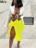 Kliou Pleated Woven Skirt For Women Harajuku Sexy Oversized Casual Clothing Irregular Shape Side Lace Casualwear Female