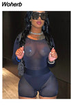 Sexy See Through Mesh Round Neck Long Sleeve Slim Bodysuit And Shorts 2 Piece Short Set 729-0-Outfit