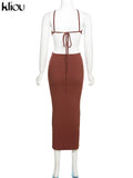 Kliou Ribbed Lace up Maxi Dress Women Sexy Solid Sleeveless Backless Body-Shaping Cut Out Skirt Party Clubwear Female