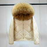 Winter Puffer Jacket Women Hooded 90% Duck Down Coat Short Female Shiny Glossy Feather Parkas Huge Real Raccoon