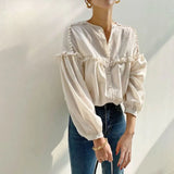 Spring White Tops Long Sleeve Woman Shirt O-neck Loose Blusas Korean Style Chic Shirt Ruffle Single Breasted